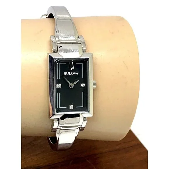 Bulova Womens Watch 96P209 Silver Tone Black Mother of Pearl Dial Diamon…